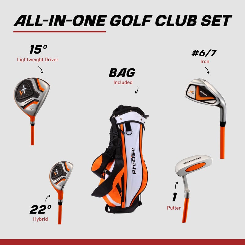 Precise X7 Kids Golf Clubs Set â€“ Boysâ€™ & Girlsâ€™ Junior Golf Set with Lightweight Graphite Shafts, Hybrid, Putter & Stand Bag - Orange Ages 3-5 â€“ Right-Handed - Image 2